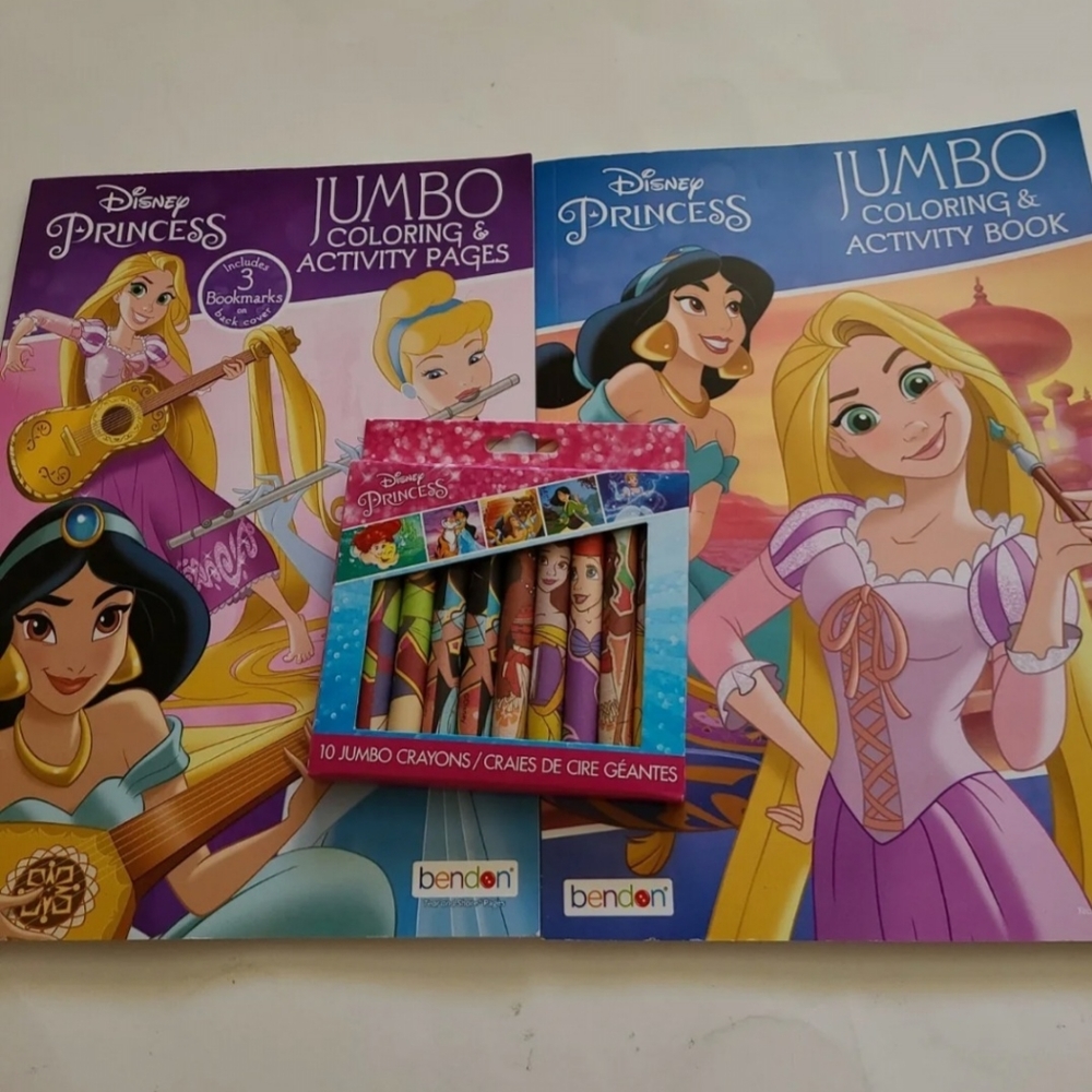 Disney Princess Jumbo Coloring Books Lot of 2 with One Set of Crayons